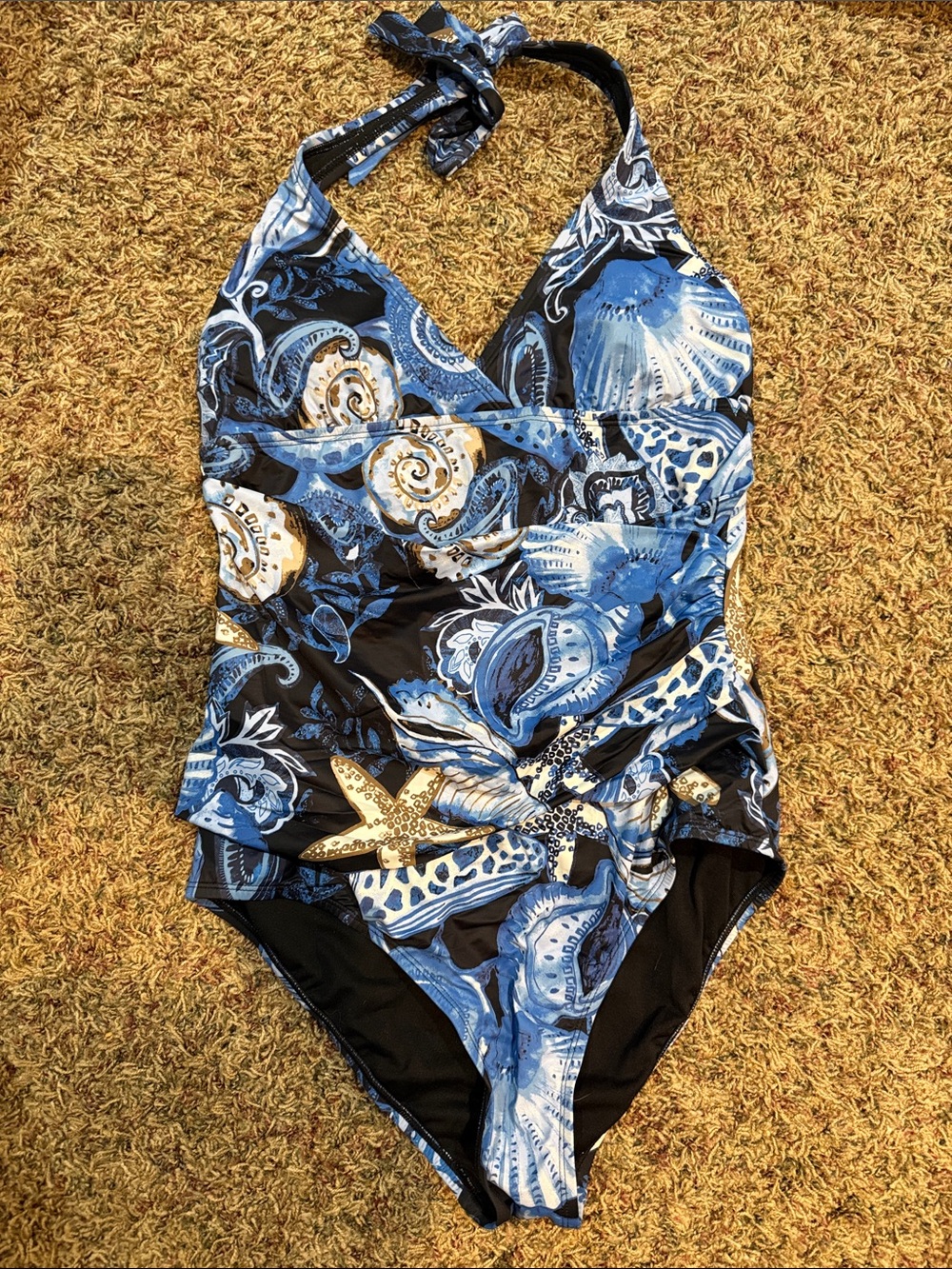 White House Black Market Blue Black Shell-Print Halter One-Piece Swimsuit